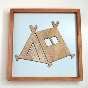 Wood  Camping Tent Cut Out on Light Blue Background and Natural Wood Framed Art